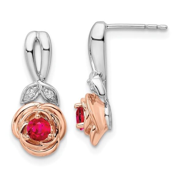 14k Yellow Gold Two-tone White & Rose Ruby & Diamond Flower Post Earrings